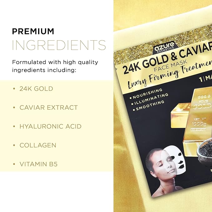 AZURE 24K Gold and Caviar Anti Aging Luxury Face Mask - Hydrating & Firming Facial Mask - Helps