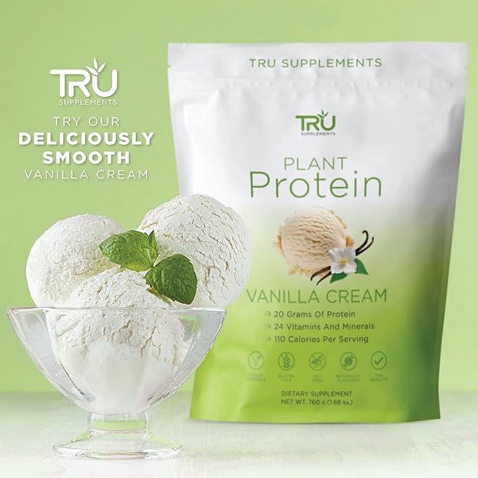 TRU Supplements Plant Based Protein Powder, BCAA, EAA, 20g Vegan Brown Rice & Pea Protein, 100