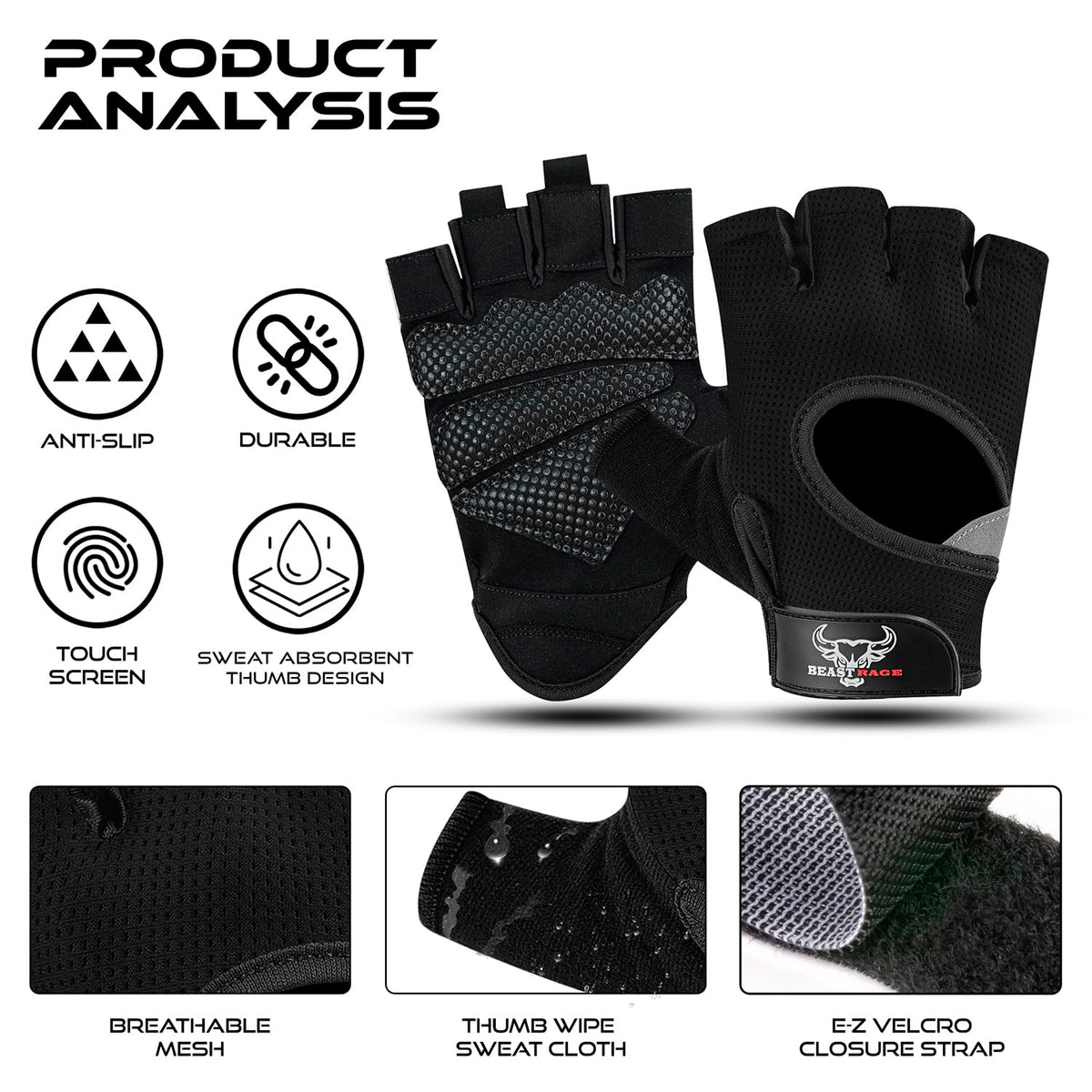 BEAST RAGE Workout Gloves for Men and Women, Fingerless Weight Lifting Gloves with Palm Protection