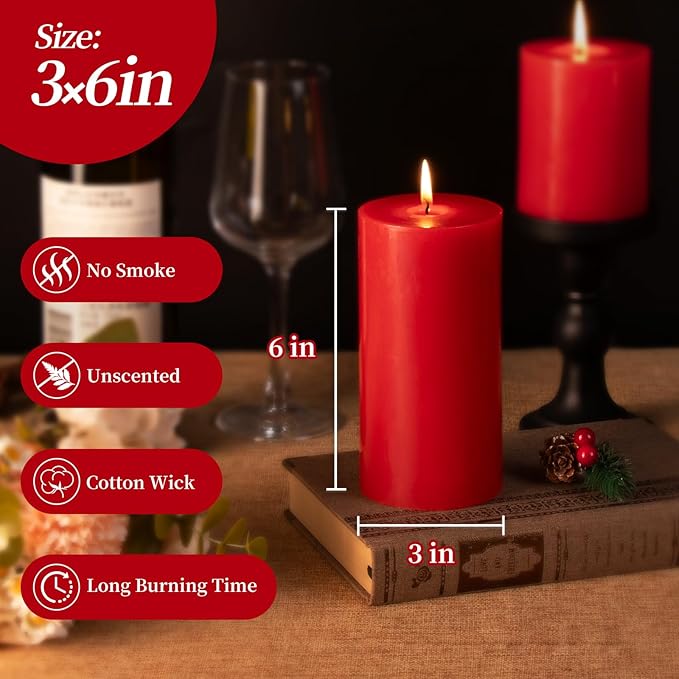 KONNI Red Pillar Candles Set of 3, 3"x 6" Unscented Pillar Candles Bulk, 56 Hours Long Burning