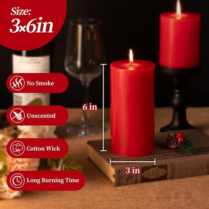 KONNI Red Pillar Candles Set of 3, 3"x 6" Unscented Pillar Candles Bulk, 56 Hours Long Burning