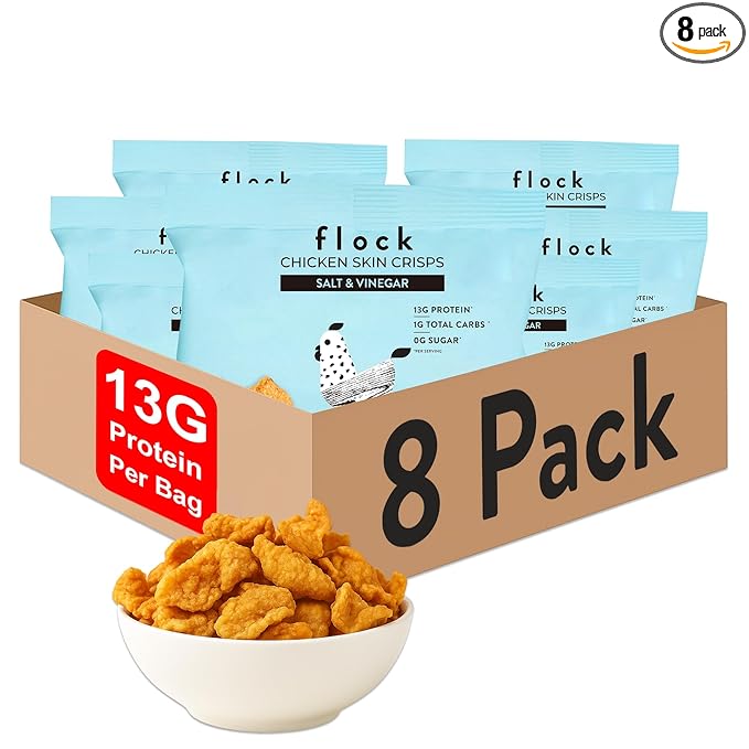 Flock Keto Chicken Skin Chips | Salt and Vinegar Flavor | Low Carb, High Protein, Sugar Free