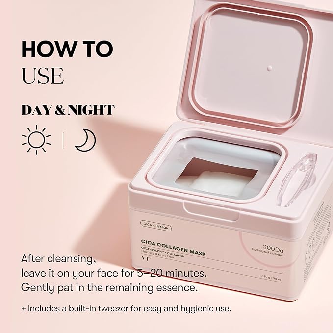 VT COSMETICS CICA Collagen Daily Mask 30 Sheets, 300Da Low Molecular Collagen for Skin Elasticity