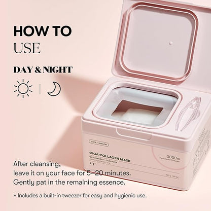 VT COSMETICS CICA Collagen Daily Mask 30 Sheets, 300Da Low Molecular Collagen for Skin Elasticity