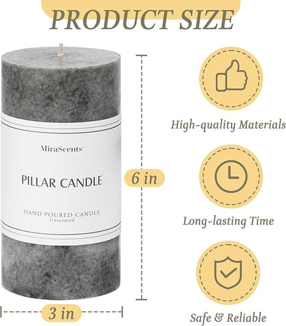 3x6 inch Grey Pillar Candles Set of 3, Unscented Pillar Candle, Dripless and Smokeless Large
