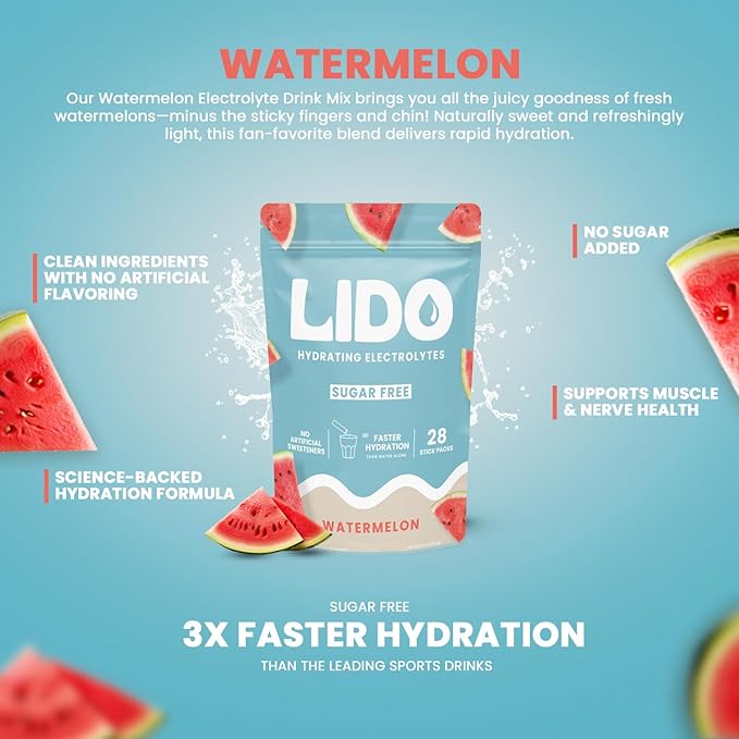 LIDO Watermelon Electrolyte Powder Packets — Clean, Zero-Sugar Hydration Drink Mix with Balanced