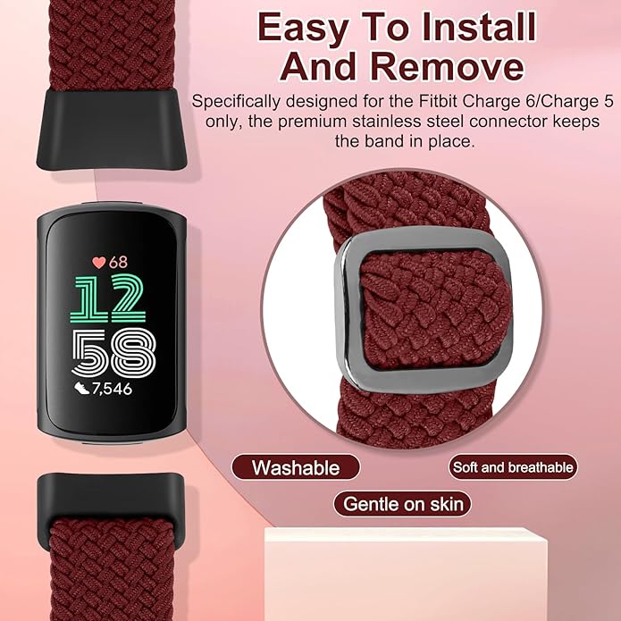 Braided Band Compatible with Fitbit Charge 6/Fitbit Charge 5, Soft Nylon Solo Loop Adjustable