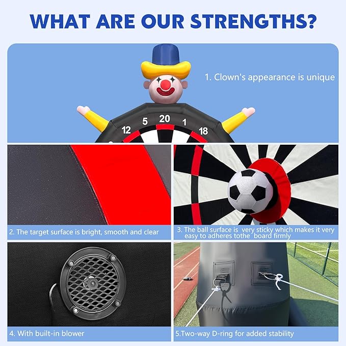 13FT Giant Inflatable Soccer Dart Board with Built-in Blower - Clown Themed Sport Kick Dartboard