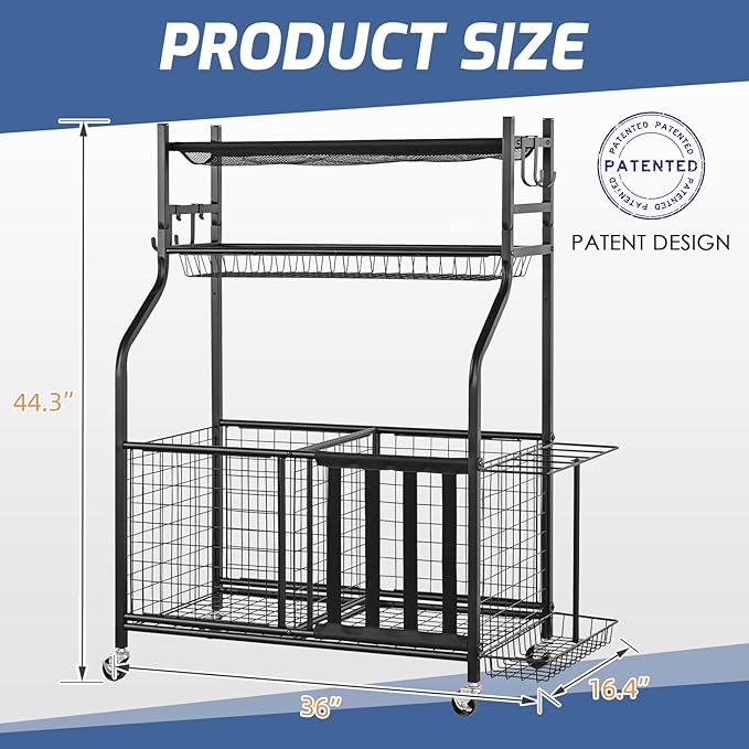 PLKOW Sports Equipment Organizer - Garage Storage Rack with Basket and Hooks, Ball Storage, Toy and