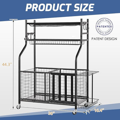 PLKOW Sports Equipment Organizer - Garage Storage Rack with Basket and Hooks, Ball Storage, Toy and
