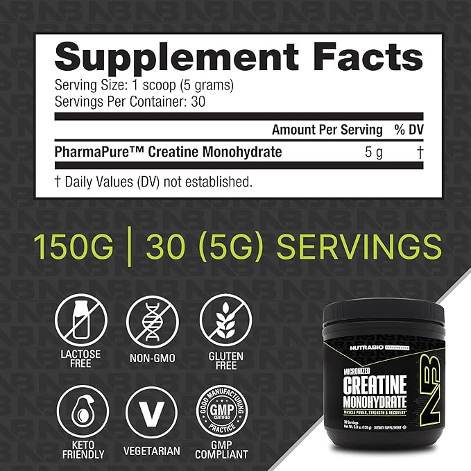 NutraBio Pure Micronized Creatine Monohydrate Powder Supplement, Unflavored, (150 g) - Supports