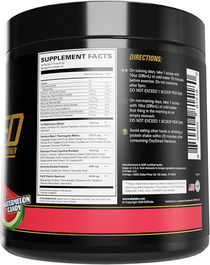 EHP Labs OxyShred Hardcore Super Dosed Pre Workout Powder - Preworkout Powder with L Glutamine &