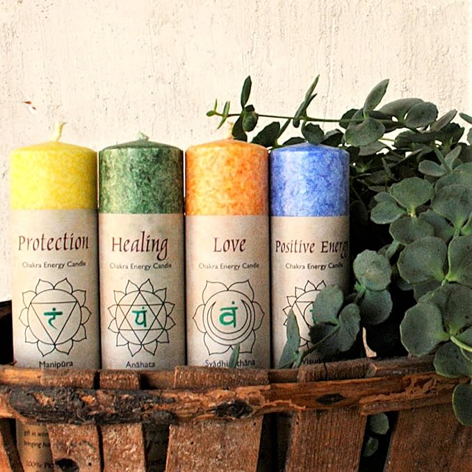 Premium Scented Candle Hand Made Chakra Energy Pillar | 4-pack | Protection, Manipura | Yoga