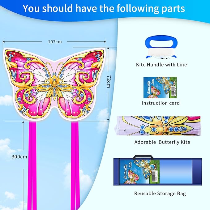 Xida Butterfly Kite for Kids & Adults, Easy to Fly, Ages 4-8, Large Kite with 300ft Handle, Perfect
