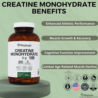 PRISTINE'S Creatine Monohydrate Capsules for Women & Men - NSF Certified 75 Day Supply 3G Muscle