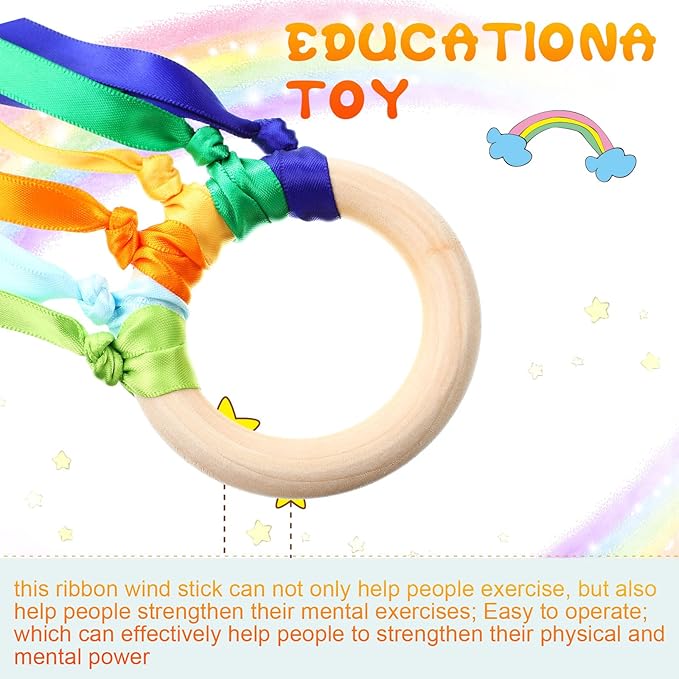 Junkin Ribbon Rings Hand Kite Waldorf Toys Dancing Wrist Ribbons Rainbow Streamers with Wood Ring