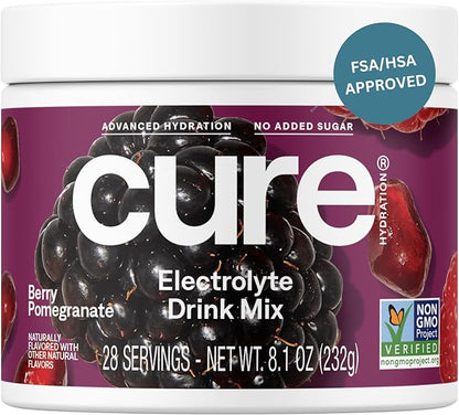 Cure Hydration | Plant-Based Electrolyte Drink Mix | No Added Sugar | FSA-HSA | Dehydration Relief