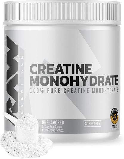 RAW Nutrition Creatine Monohydrate Powder, Unflavored (30 Servings) - Micronized Creatine