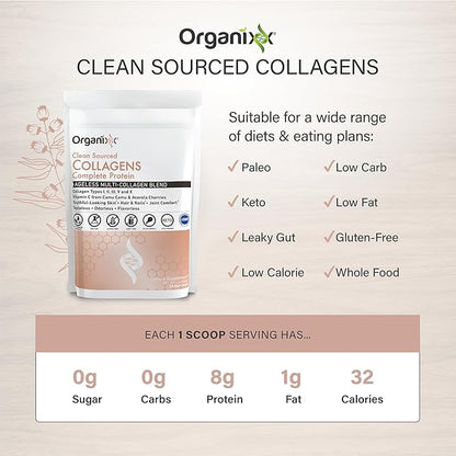 Organixx Collagen Peptides Powder with Vitamin C, Types I, II, III, V, X Hydrolyzed Collagen, Hair