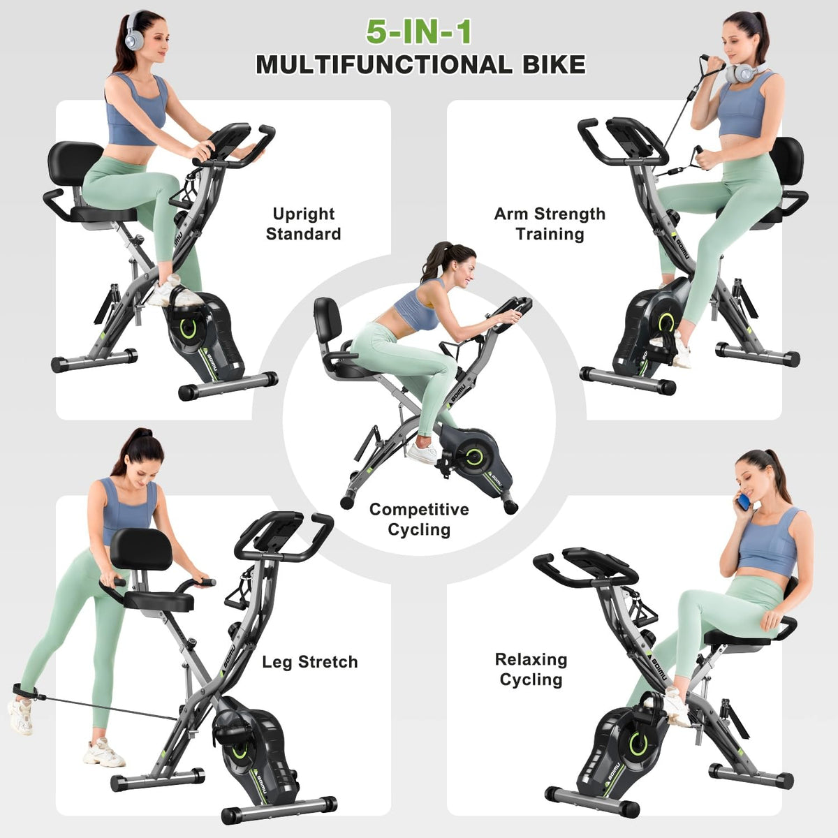 Goimu Exercise Bike, 5 in 1 Foldable Stationary Bike for Seniors, 16-Level Adjustable Magnetic
