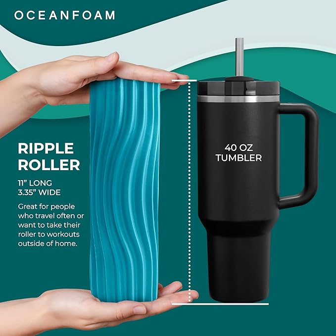 Oceanfoam Ripple Travel Foam Roller (11" x 3.35") Firm Mini Foam Roller for Physical Therapy, Deep