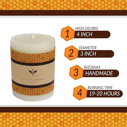 White Beeswax Pillar Candle - Handmade Pure Beeswax Rolled Candle for Gift & Home Decor (3×4 in)