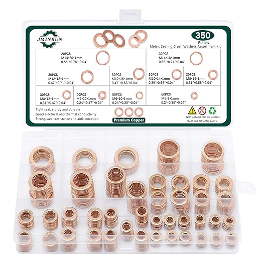 350 PCS, Premium Copper Metric Sealing Crush Washers Assortment Kit, Enhanced Flat Ring Oil Drain