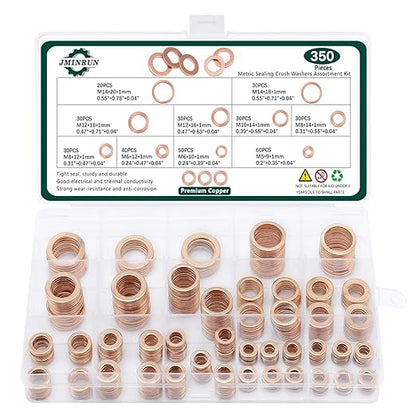 350 PCS, Premium Copper Metric Sealing Crush Washers Assortment Kit, Enhanced Flat Ring Oil Drain