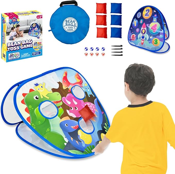 2 in-1 Dinosaur and Spaceship-Themed 27-inch Bean Bag Toss Game Set for for 1-2 Players, Backyard