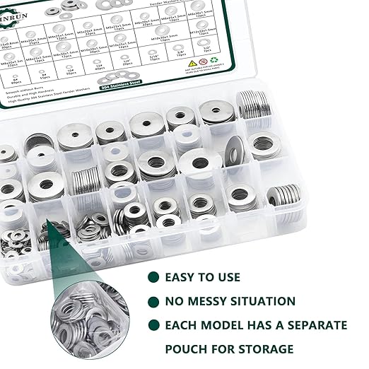 Fender Washers, 520 Pcs SAE + Metric 23 Sizes Flat Washers Assortment Set, 304 Stainless Steel