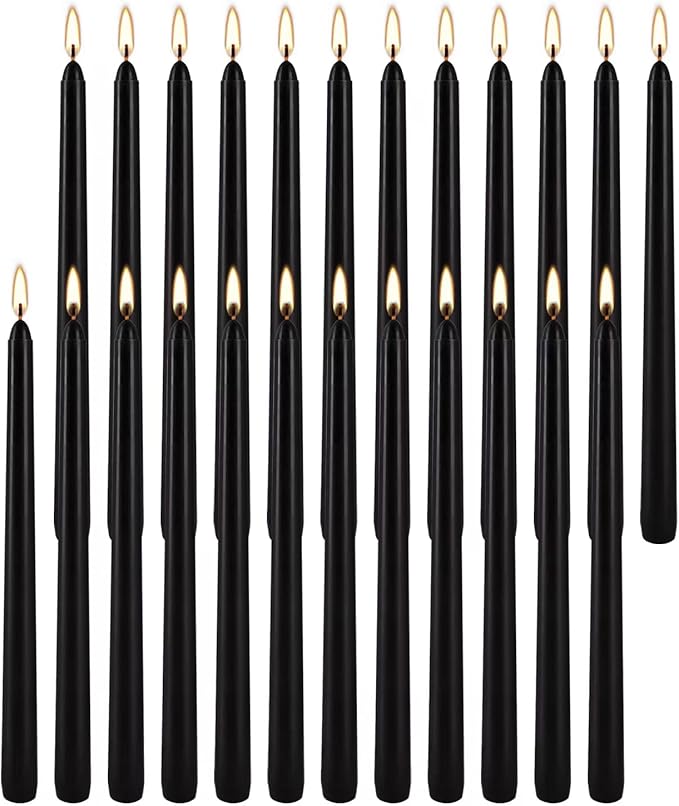 24 Pack Black Taper Candles, 7-8 Hours Burn Time, Unscented, Smokeless and Dripless, 0.75 x 10 Inch