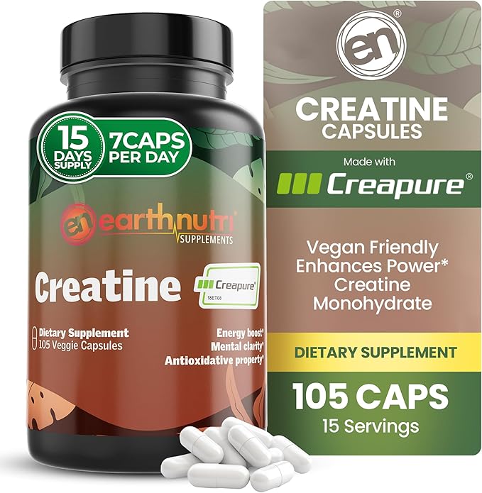 EarthNutri Creatine Monohydrate Capsules - Micronized for Better Absorption - Supports Muscle