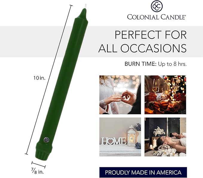Colonial Candle Unscented Taper Candle, Classic Collection, Evergreen, 10 In, Pack of 12 - Up to 8
