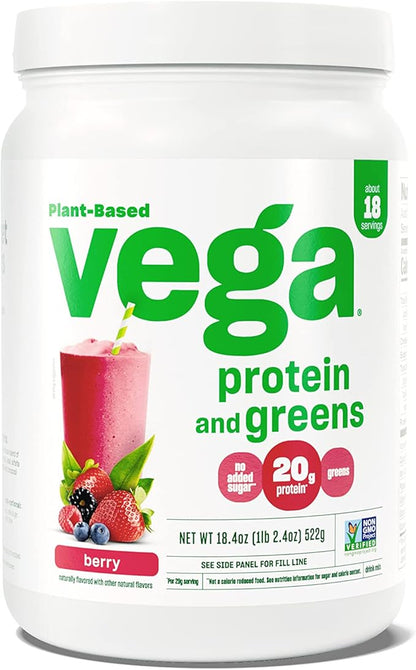 Vega Protein and Greens Protein Powder, Berry - 20g Plant Based Protein Plus Veggies, Vegan, Non