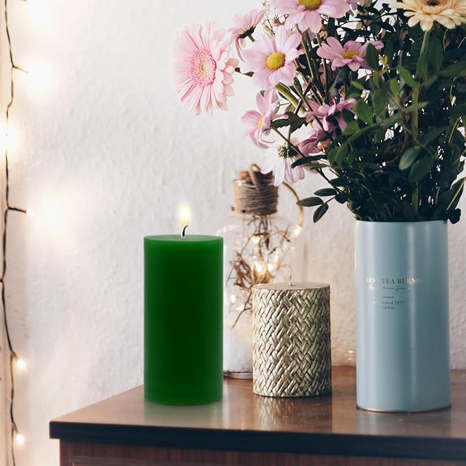 3 Packs Different Size Green Pillar Candles, Unscented Non-Toxic Dripless 3x4, 3x6, 3x8 Inch Solid
