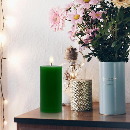 3 Packs Different Size Green Pillar Candles, Unscented Non-Toxic Dripless 3x4, 3x6, 3x8 Inch Solid