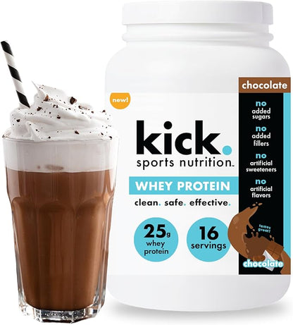 Kick Whey Protein Powder, Chocolate Flavor, 25 G Protein Gluten Free Workout Supplement with Amino