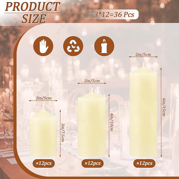 36 Pcs Ivory Pillar Candles Bulk Setï¼? Different Lengths 2 x 3/4/6 Inch (12 Each)，Hurricane