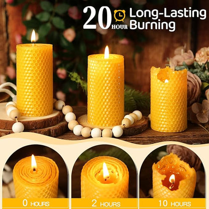 12 Pack Honeycomb Beeswax Candles,240 Hours Long Burning Natural Handmade Beeswax Rolled Pillar