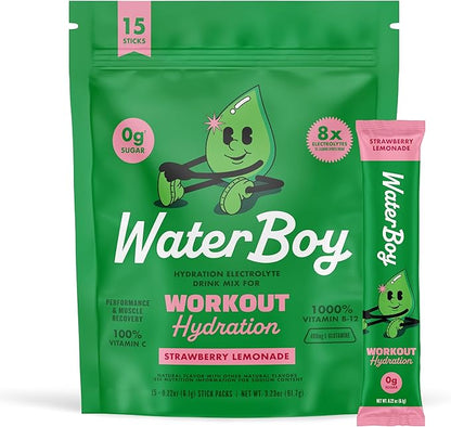 Waterboy Workout Hydration | 2,960mg Sugar Free Electrolyte Powder Packets | L-Glutamine + Vitamins