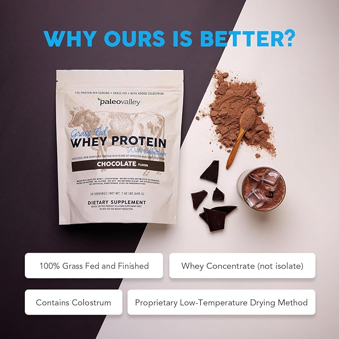 Paleovalley 100% Grassfed Whey Protein Powder with Colostrum, 13g Protein, Chocolate, Muscle