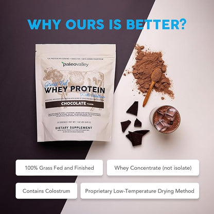 Paleovalley 100% Grassfed Whey Protein Powder with Colostrum, 13g Protein, Chocolate, Muscle