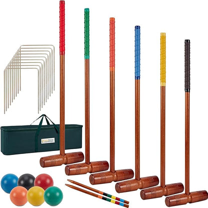 35’’ Deluxe Croquet Set, Six Player Croquette Game with Premium Wooden Mallets, Colored Balls
