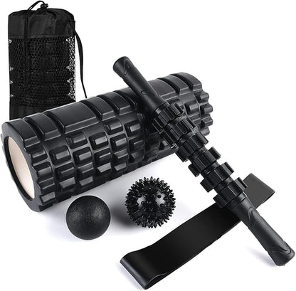 6 in 1 Foam Roller Set Includes Hollow Core Massage Roller, Yoga Stick, Massage Ball, Fitness