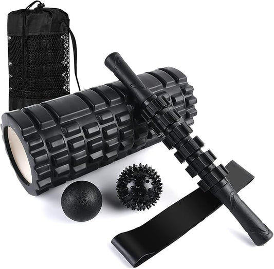 6 in 1 Foam Roller Set Includes Hollow Core Massage Roller, Yoga Stick, Massage Ball, Fitness