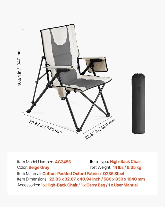 VEVOR Folding Camping Chair, 3 Reclining Positions, Outdoor High Back Camping Chair, 260lbs Weight