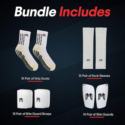 Soccer Grip Socks, Shin Guards, Pre Cut Sock Sleeves, and Guard Straps Bundle Pack - Essential