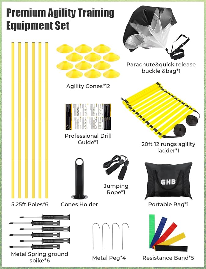 GHB Soccer Agility Training Equipment, 6 Agility Poles, 20ft Speed Ladder, 12 Disc Cones