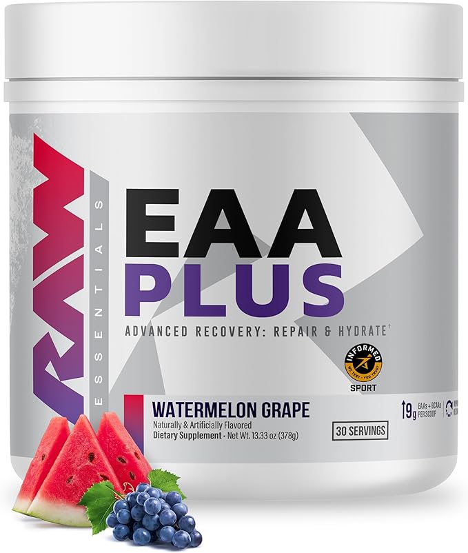 RAW EAA Plus, Amino Acids Powder, Watermelon Grape (30 Servings) - Pre Workout Amino Energy Powder