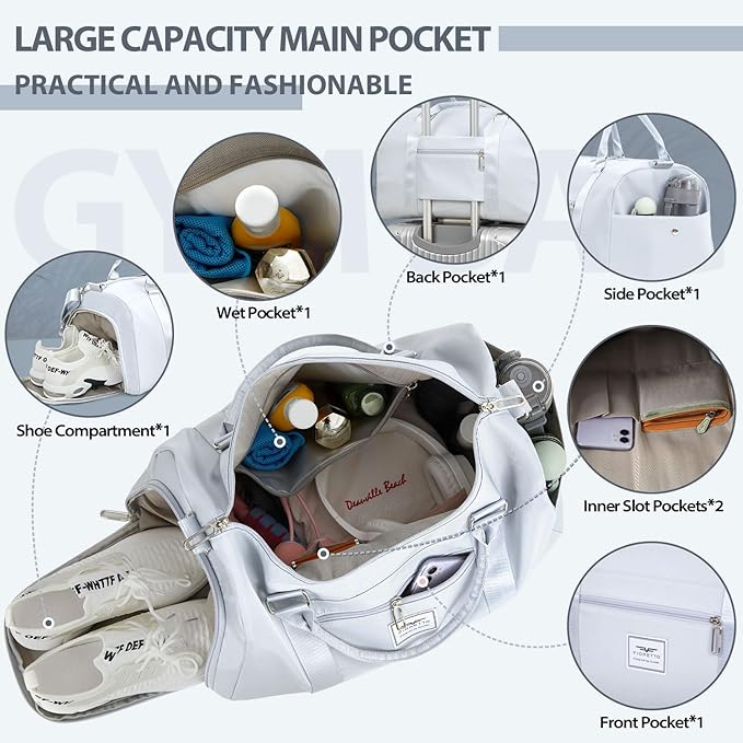 FIORETTO Womens Gym Tote Duffle Bag with Wet Pocket & Shoe Compartment, Sports Duffel Overnight